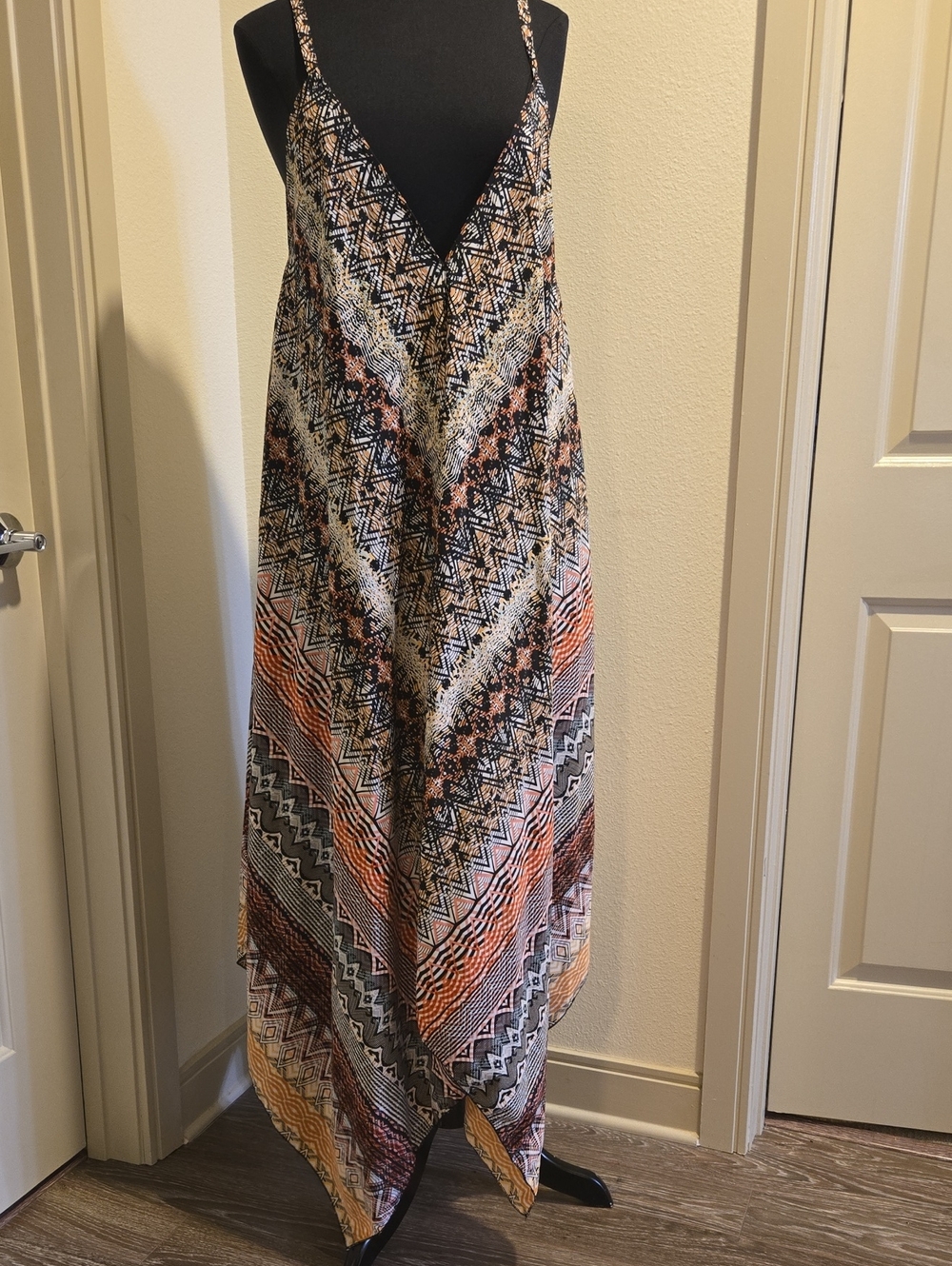 Mlle Gabrielle Black, Orange & Cream Asymmetrical Chevron Maxi Dress